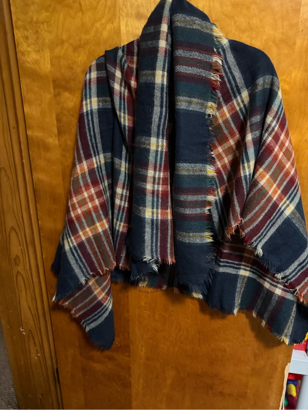 Plaid Blanket-Style Shawl Coat - Navy, Burgundy & Cream